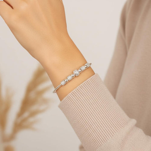 Adjustable Silver Bangle Bracelet with Beaded Charms | Elegant Stackable Jewelry | Gift for Her