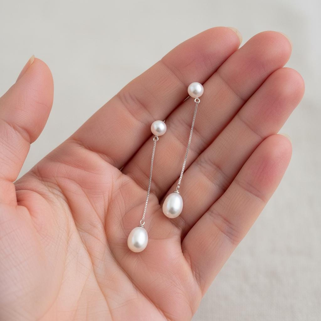 Elegant Long Freshwater Pearl Drop Earrings - Dainty White & Black Pearl Dangle Earrings - Genuine Pearls Bridal Jewelry Gift