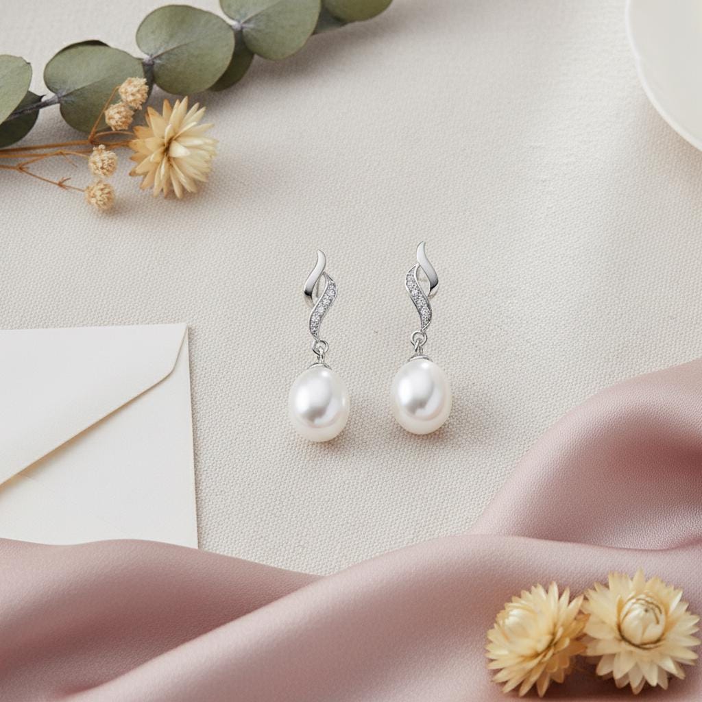 Elegant Pearl Drop Earrings | Sterling Silver Dangle Earrings with CZ Accents | Bridal & Wedding Jewelry Gift for Her