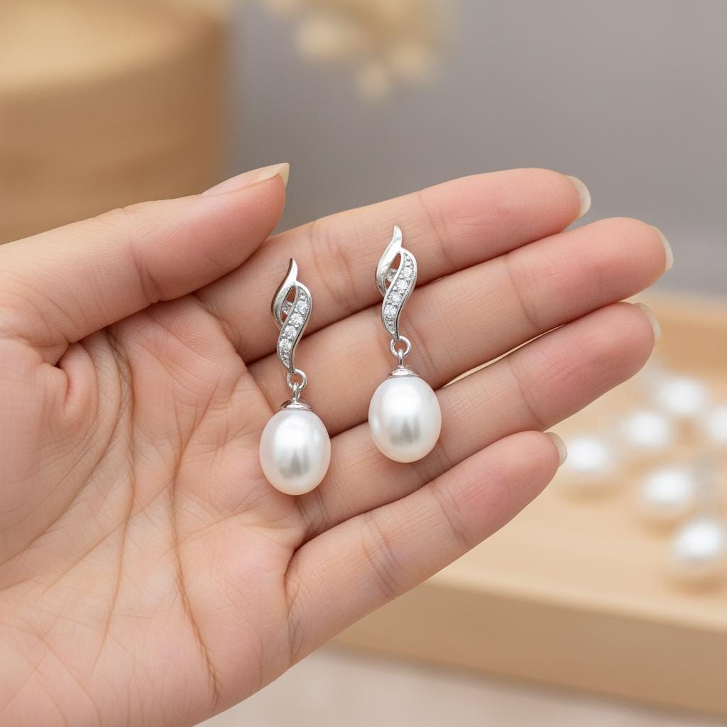 Elegant Pearl Drop Earrings | Sterling Silver Dangle Earrings with CZ Accents | Bridal & Wedding Jewelry Gift for Her