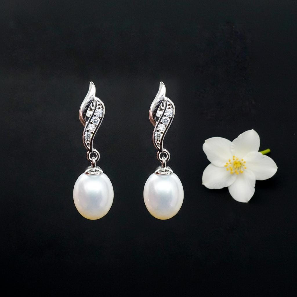 Elegant Pearl Drop Earrings | Sterling Silver Dangle Earrings with CZ Accents | Bridal & Wedding Jewelry Gift for Her