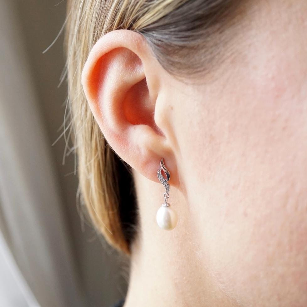 Elegant Pearl Drop Earrings | Sterling Silver Dangle Earrings with CZ Accents | Bridal & Wedding Jewelry Gift for Her