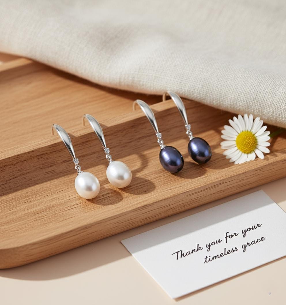 Elegant Pearl Drop Earrings | Sterling Silver Dangle | White or Black Freshwater Pearl Jewelry | Timeless Gift for Her