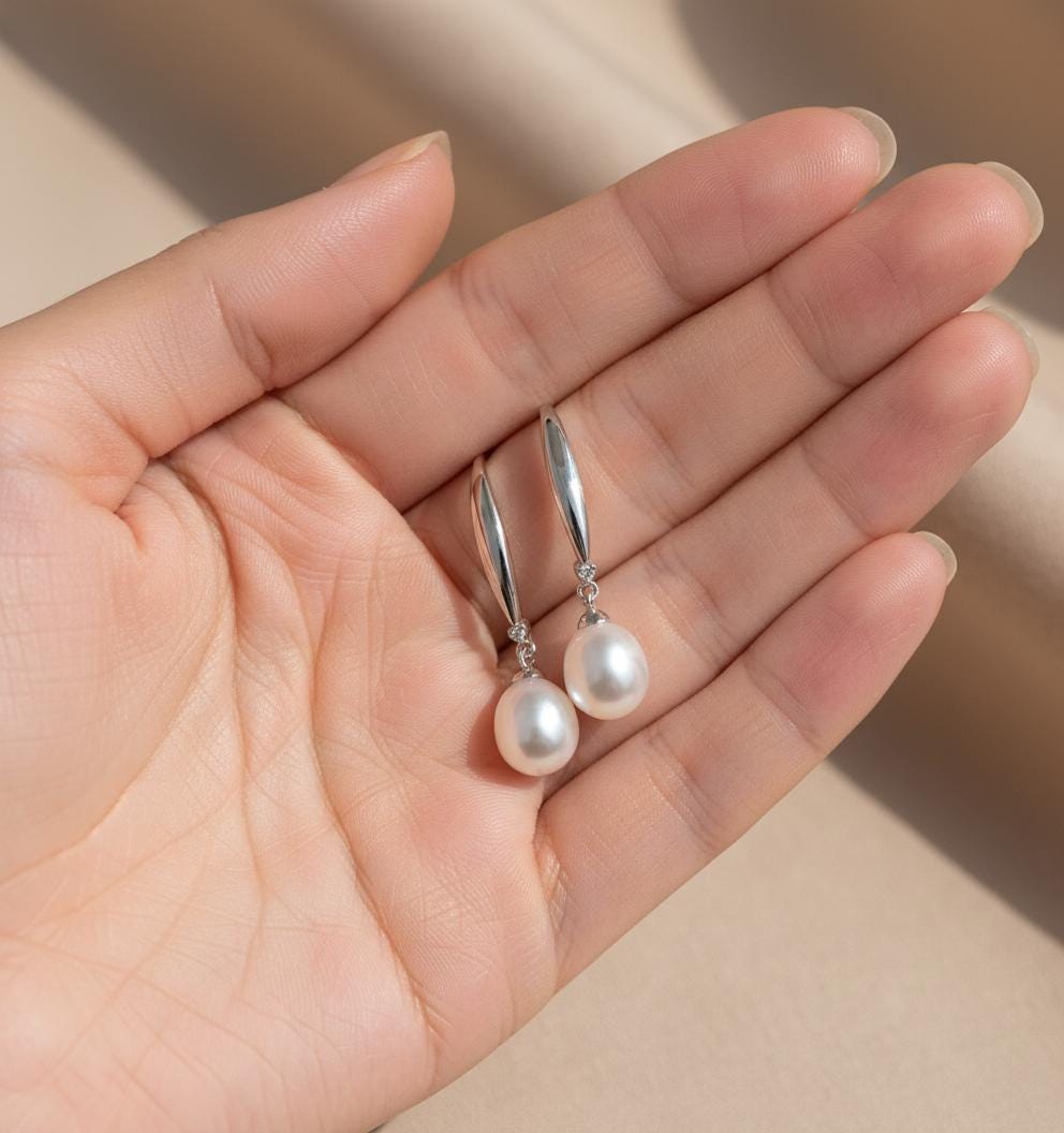 Elegant Pearl Drop Earrings | Sterling Silver Dangle | White or Black Freshwater Pearl Jewelry | Timeless Gift for Her