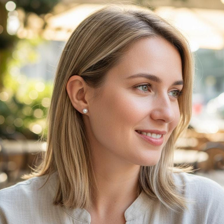 Elegant Pearl Stud Earrings - White & Blue Classic Round Pearls | Minimalist Everyday Jewelry Gift for Her