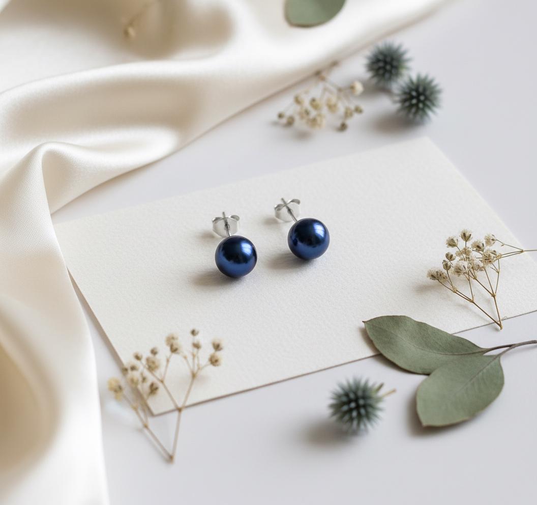 Elegant Pearl Stud Earrings - White & Blue Classic Round Pearls | Minimalist Everyday Jewelry Gift for Her
