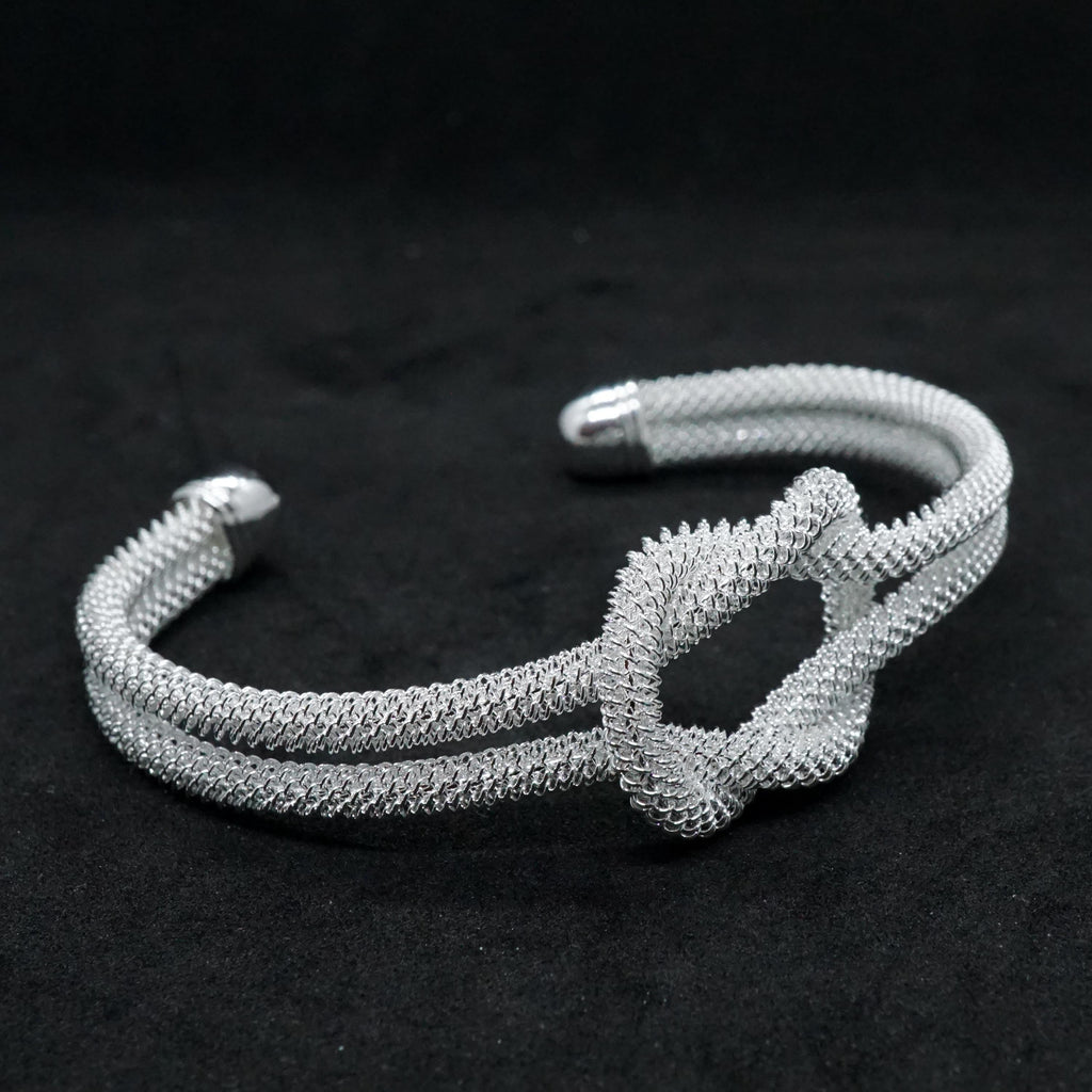 Elegant Silver Mesh Knot Cuff Bracelet for Women - Modern Statement Jewelry, Adjustable Wide Bangle Bracelet Gift