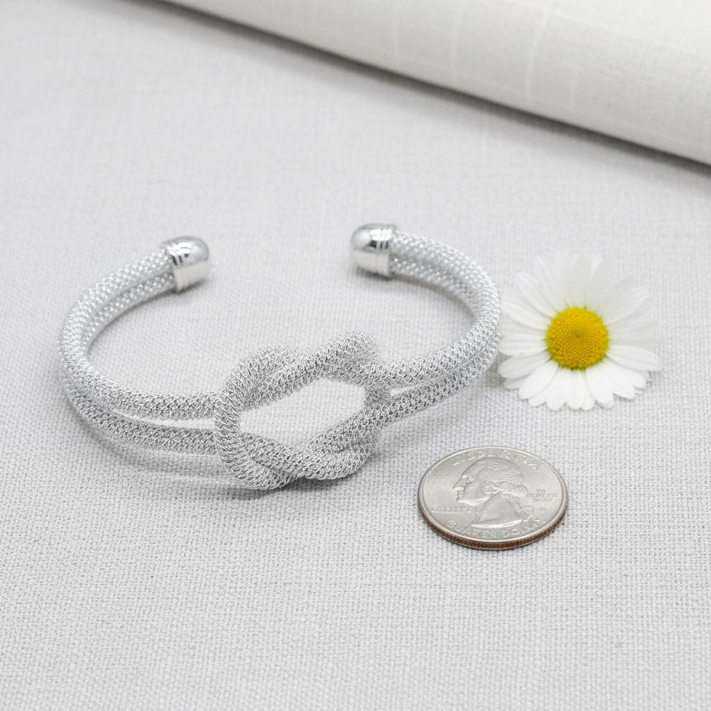 Elegant Silver Mesh Knot Cuff Bracelet for Women - Modern Statement Jewelry, Adjustable Wide Bangle Bracelet Gift