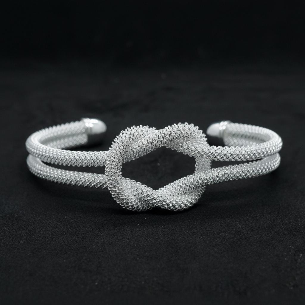 Elegant Silver Mesh Knot Cuff Bracelet for Women - Modern Statement Jewelry, Adjustable Wide Bangle Bracelet Gift