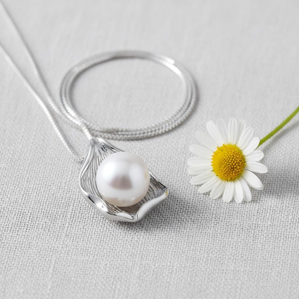 Elegant White Pearl Shell Pendant Necklace, Sterling Silver, Wedding Necklace, Bridesmaid Necklace, Ocean Inspired Jewelry Gift for Her