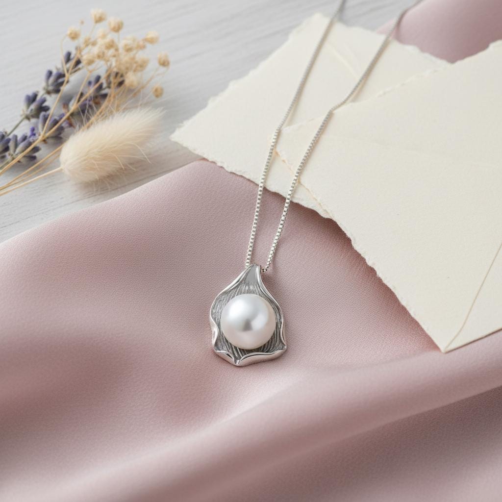 Elegant White Pearl Shell Pendant Necklace, Sterling Silver, Wedding Necklace, Bridesmaid Necklace, Ocean Inspired Jewelry Gift for Her