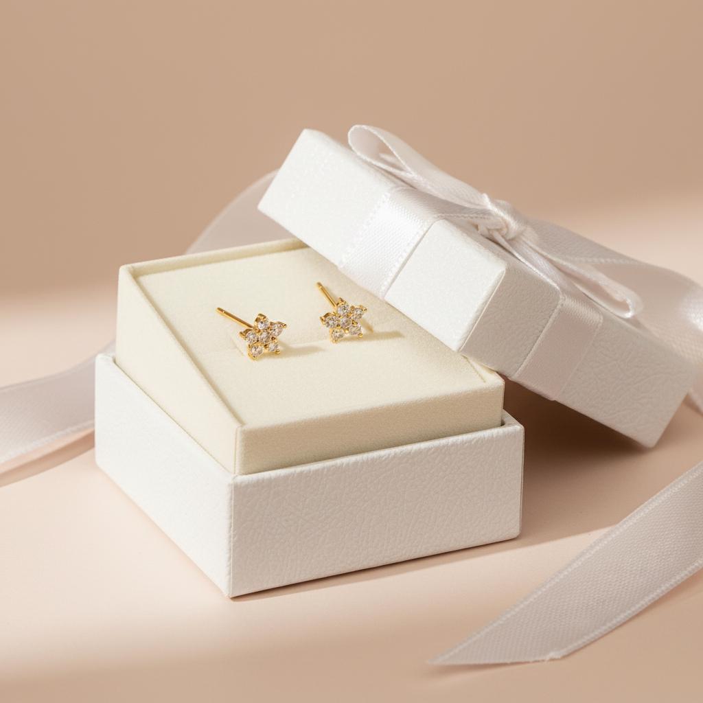 Flower Stud Earring, Dainty Star Floral CZ Studs in Gold or Silver, Minimalist Sparkle Earrings, Cute Everyday Jewelry Gift for Her