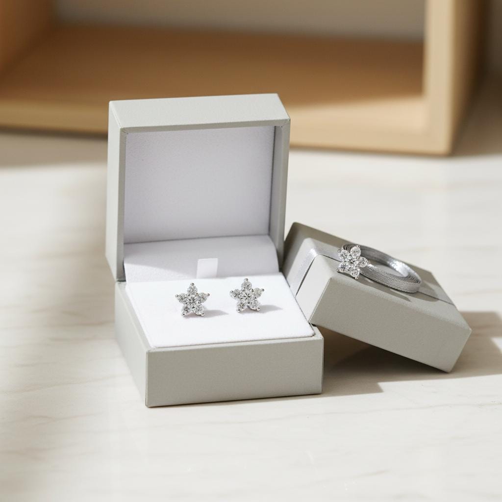 Flower Stud Earring, Dainty Star Floral CZ Studs in Gold or Silver, Minimalist Sparkle Earrings, Cute Everyday Jewelry Gift for Her