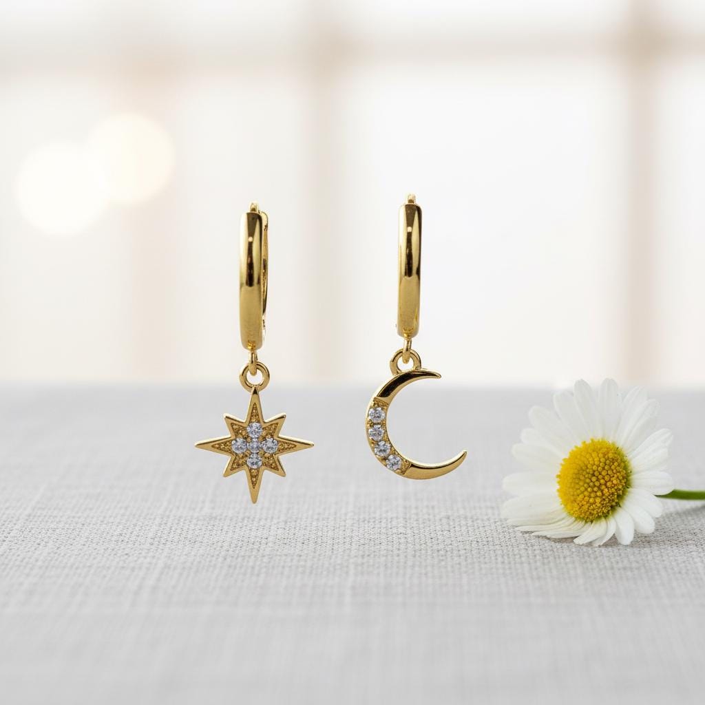 Huggie Hoop Earrings, Moon and Star Dangle Hoops, Silver or Gold Huggies, Minimalist Celestial Jewelry, Dainty Everyday Gift for Her
