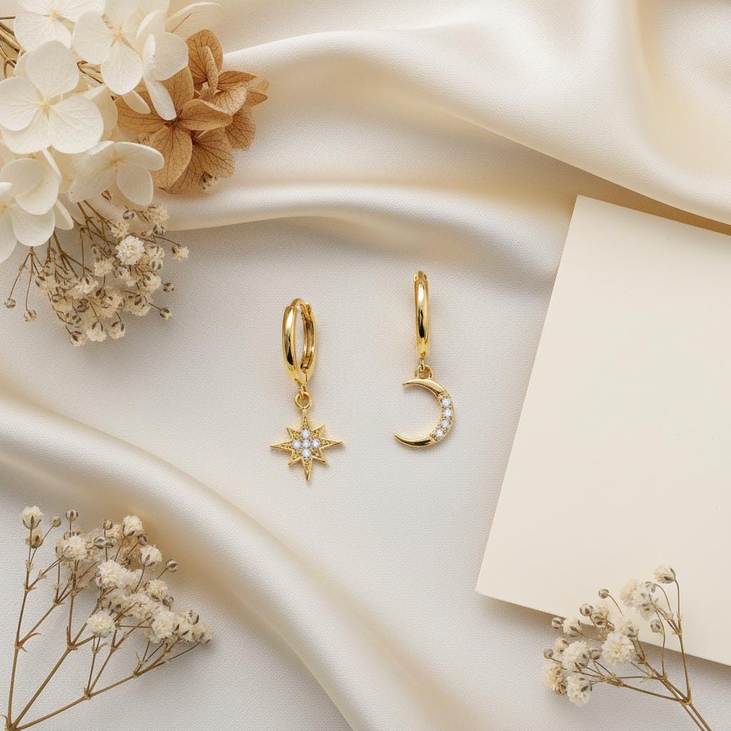 Huggie Hoop Earrings, Moon and Star Dangle Hoops, Silver or Gold Huggies, Minimalist Celestial Jewelry, Dainty Everyday Gift for Her
