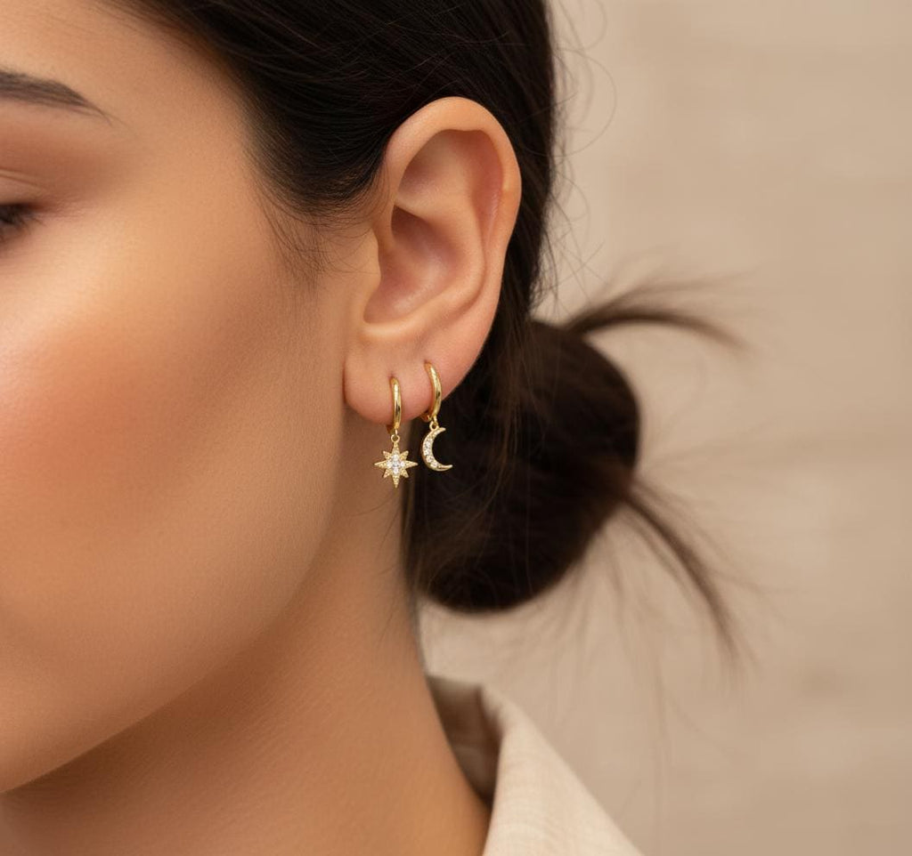Huggie Hoop Earrings, Moon and Star Dangle Hoops, Silver or Gold Huggies, Minimalist Celestial Jewelry, Dainty Everyday Gift for Her