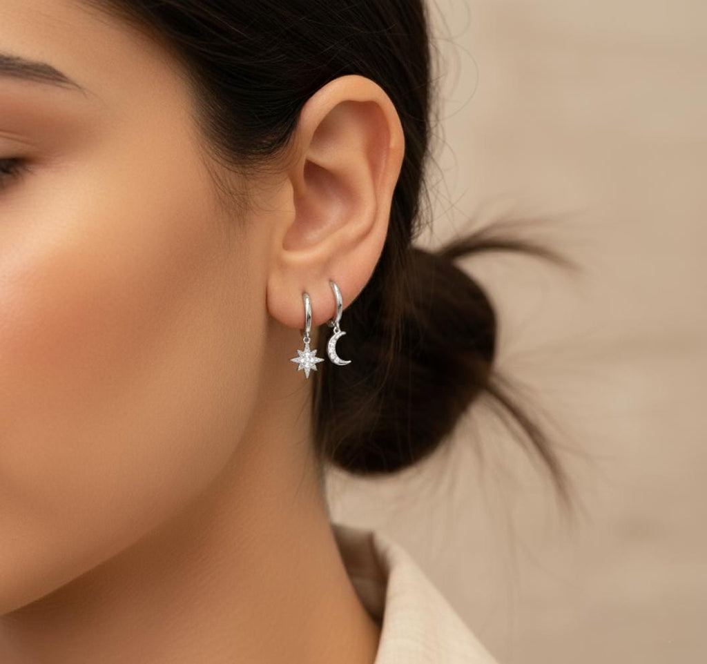 Huggie Hoop Earrings, Moon and Star Dangle Hoops, Silver or Gold Huggies, Minimalist Celestial Jewelry, Dainty Everyday Gift for Her