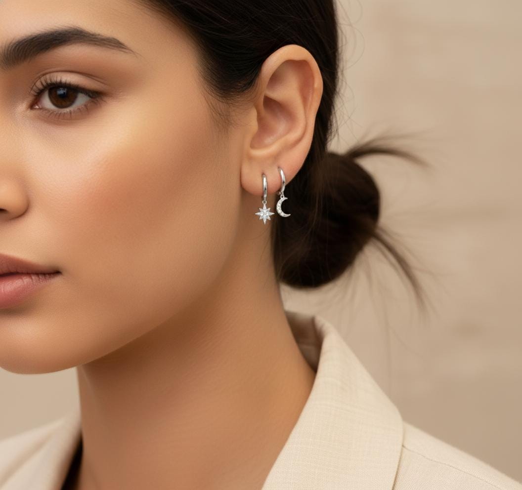 Huggie Hoop Earrings, Moon and Star Dangle Hoops, Silver or Gold Huggies, Minimalist Celestial Jewelry, Dainty Everyday Gift for Her