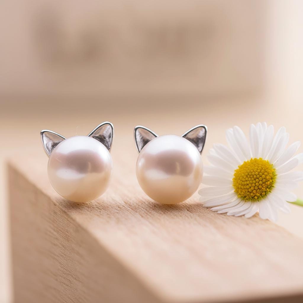 Pearl Cat Earrings, Sterling Silver Cat Studs, Cute Pearl Kitty Jewelry, Feline Gift for Cat Lovers, Dainty Pet Lover Earrings
