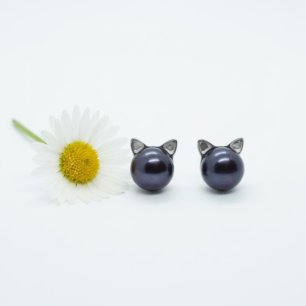 Pearl Cat Earrings, Sterling Silver Cat Studs, Cute Pearl Kitty Jewelry, Feline Gift for Cat Lovers, Dainty Pet Lover Earrings