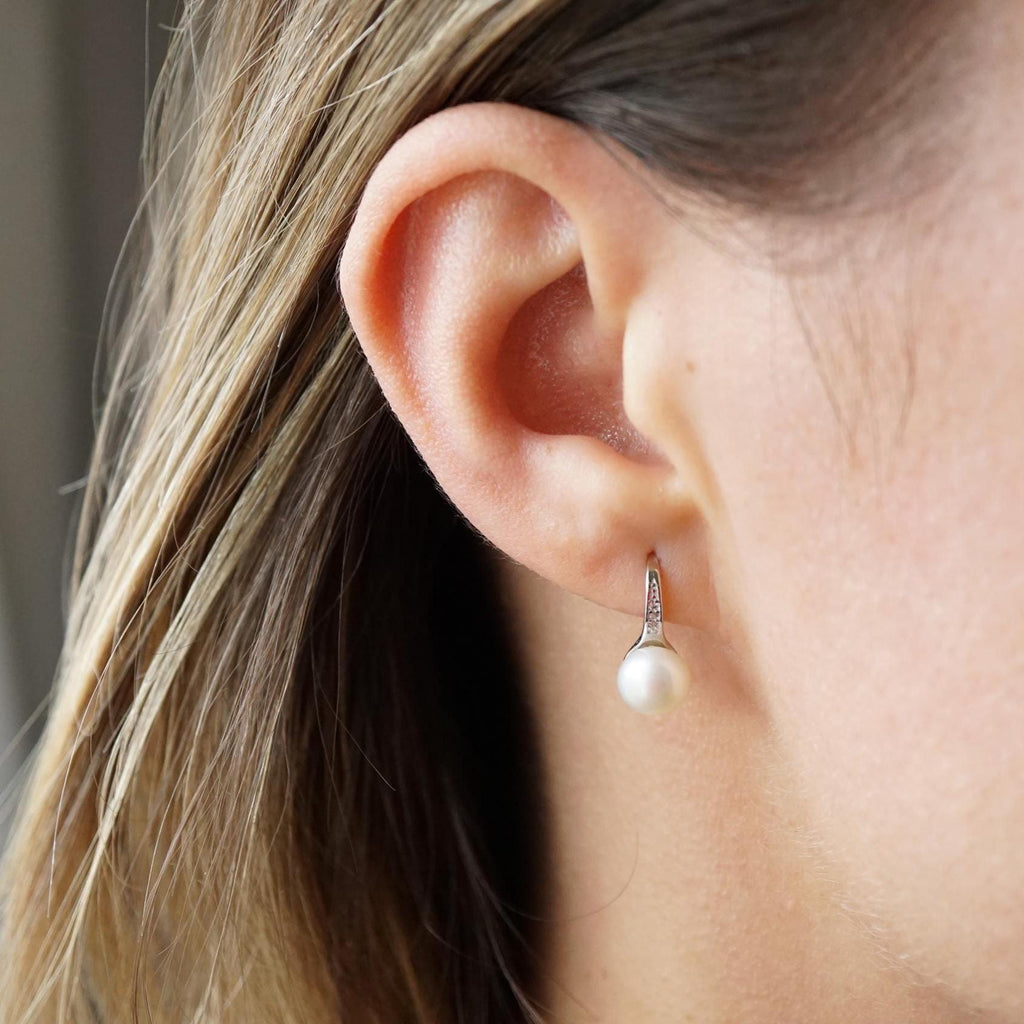 Pearl Drop Earrings, Freshwater Pearl Silver Earrings, Minimalist CZ Diamond Design, Wedding Jewelry, Bridesmaid Gift, Elegant Accessories
