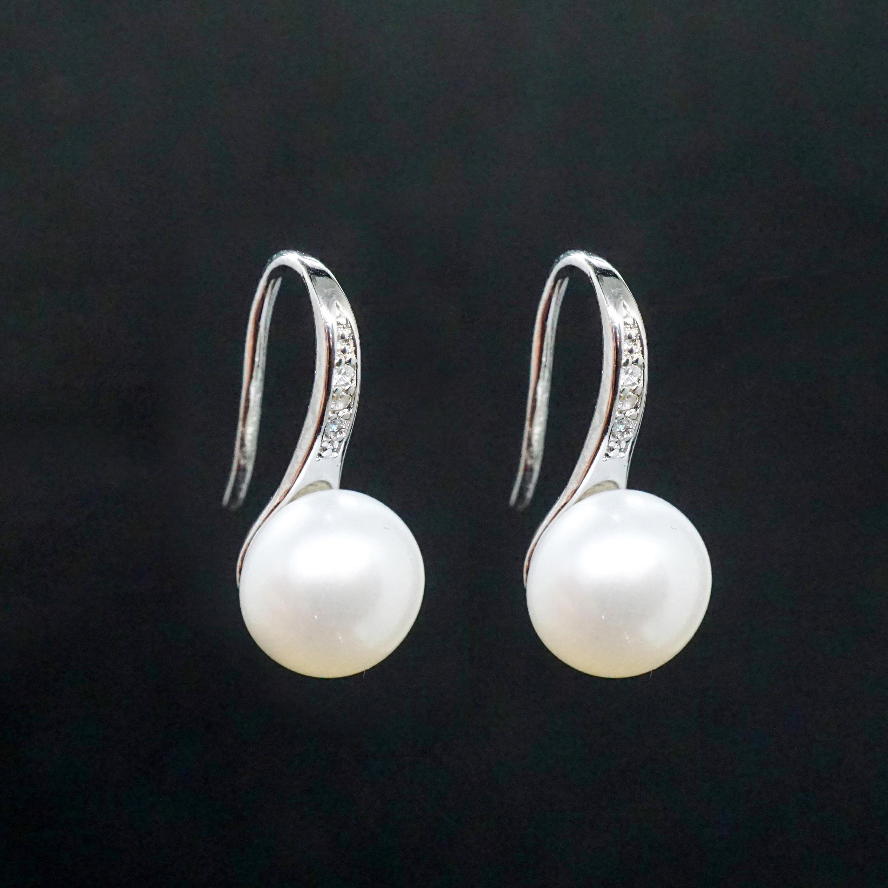 Pearl Drop Earrings, Freshwater Pearl Silver Earrings, Minimalist CZ Diamond Design, Wedding Jewelry, Bridesmaid Gift, Elegant Accessories