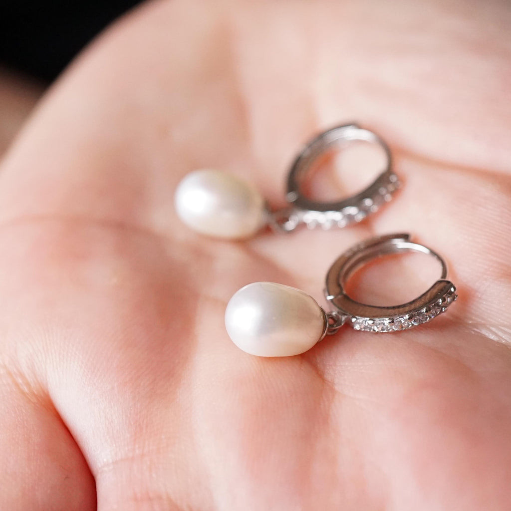Pearl Drop Earrings, Freshwater Pearl Sterling Silver Huggie Hoop, Bridal Wedding Jewelry, Bridesmaid Accessories, Gift for Her
