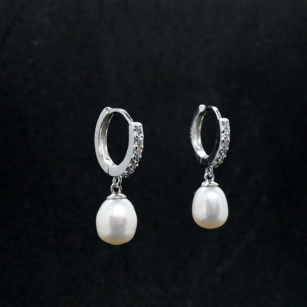 Pearl Drop Earrings, Freshwater Pearl Sterling Silver Huggie Hoop, Bridal Wedding Jewelry, Bridesmaid Accessories, Gift for Her