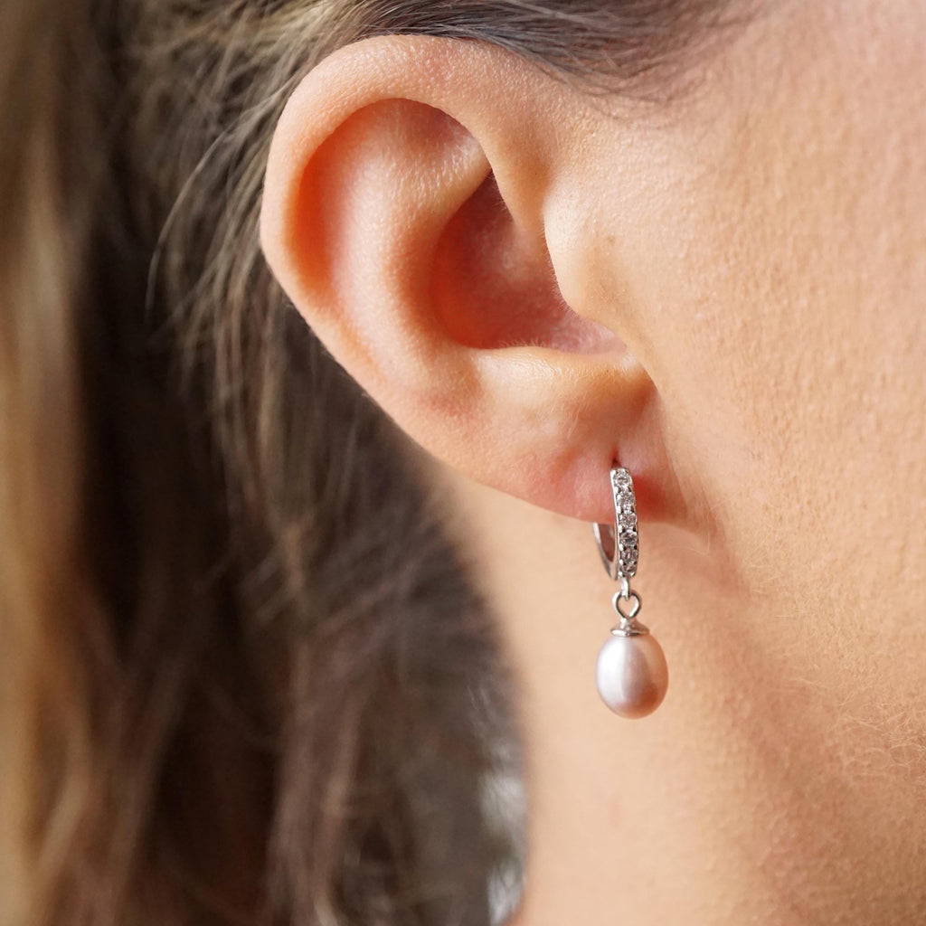 Pearl Drop Earrings, Freshwater Pearl Sterling Silver Huggie Hoop, Bridal Wedding Jewelry, Bridesmaid Accessories, Gift for Her