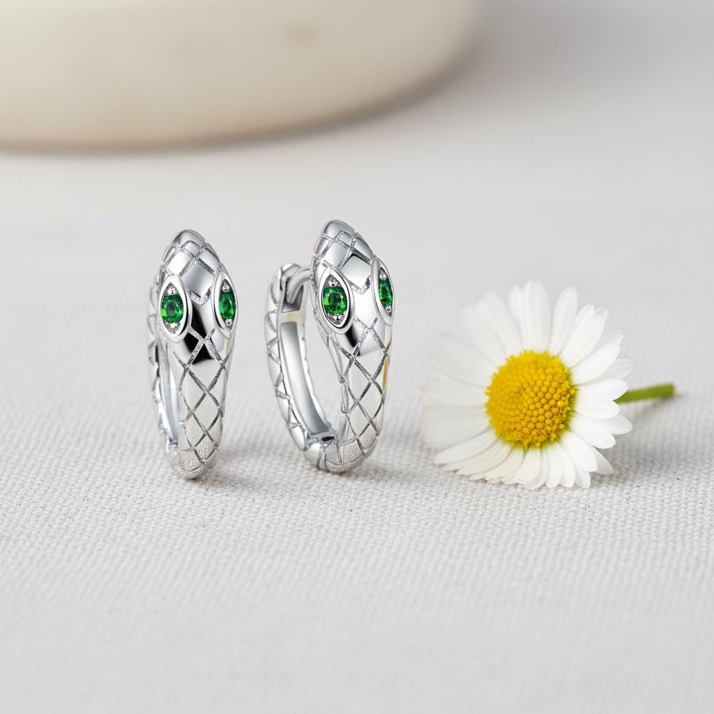 Snake Earrings, Sterling Silver Serpent Hoop with Emerald Green Eye, Gothic Witchy Huggie Hoops, Unique Serpent Jewelry Gift for Her