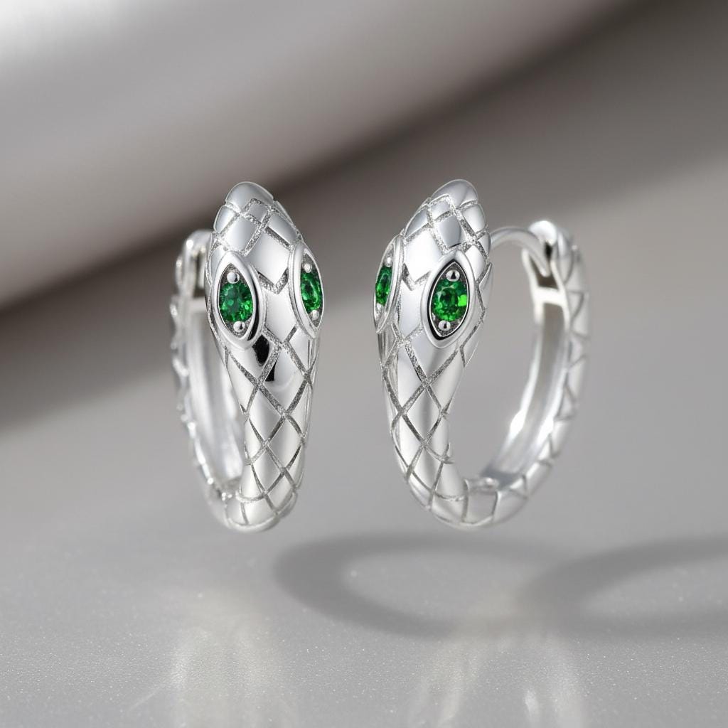 Snake Earrings, Sterling Silver Serpent Hoop with Emerald Green Eye, Gothic Witchy Huggie Hoops, Unique Serpent Jewelry Gift for Her