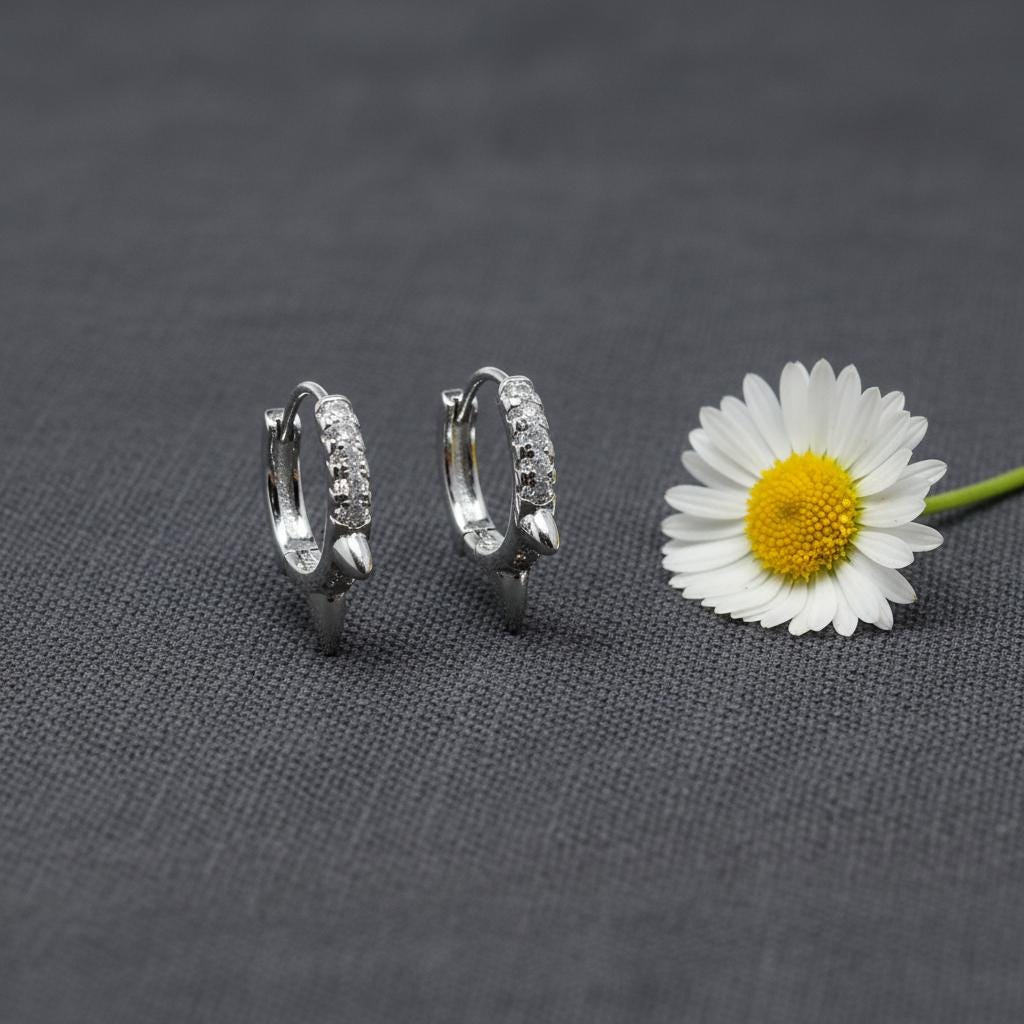 Spike Huggie Hoop Earrings | Dainty Silver Pave CZ Hoops | Punk Crystal Cartilage Piercing | Minimalist Everyday Jewelry Gift