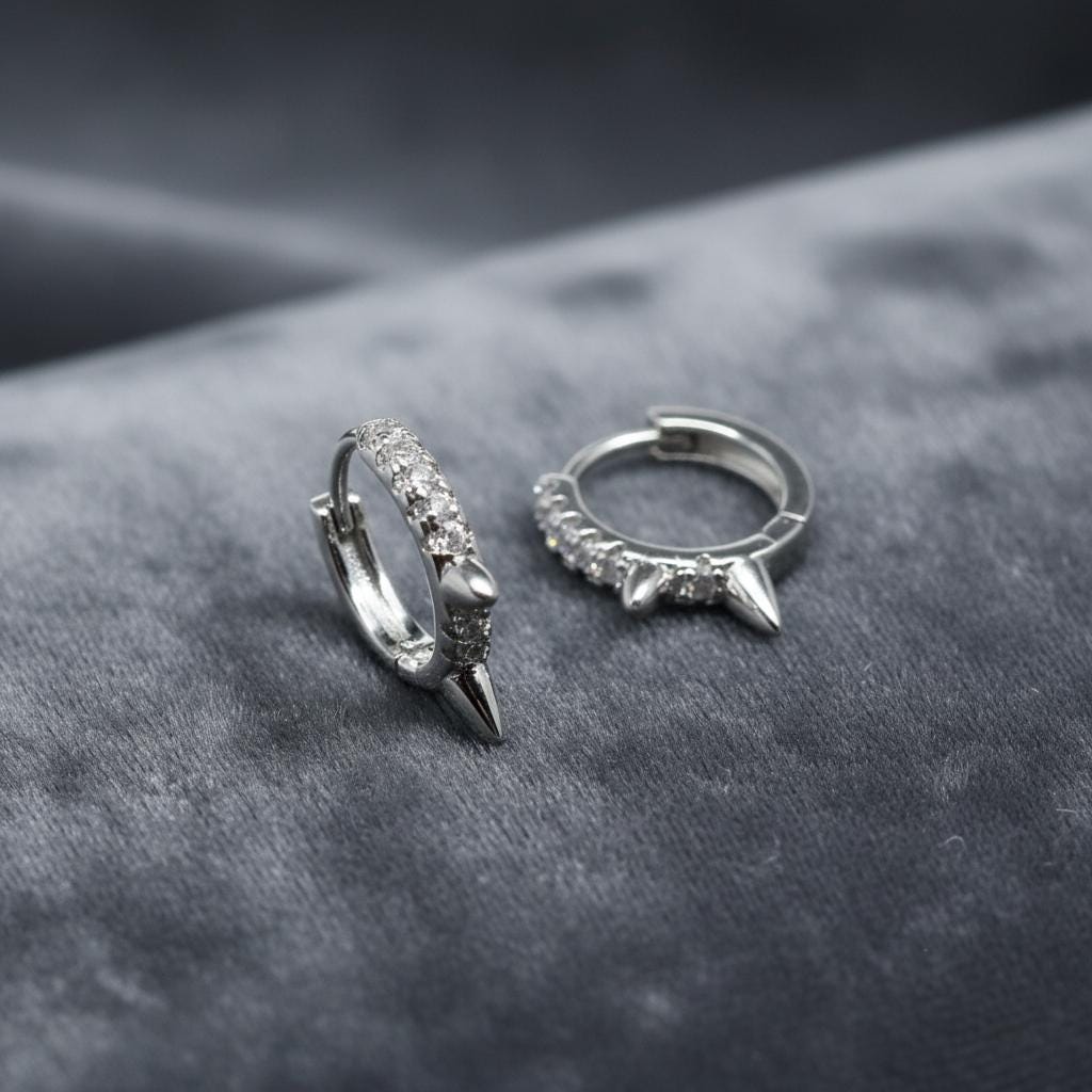 Spike Huggie Hoop Earrings | Dainty Silver Pave CZ Hoops | Punk Crystal Cartilage Piercing | Minimalist Everyday Jewelry Gift