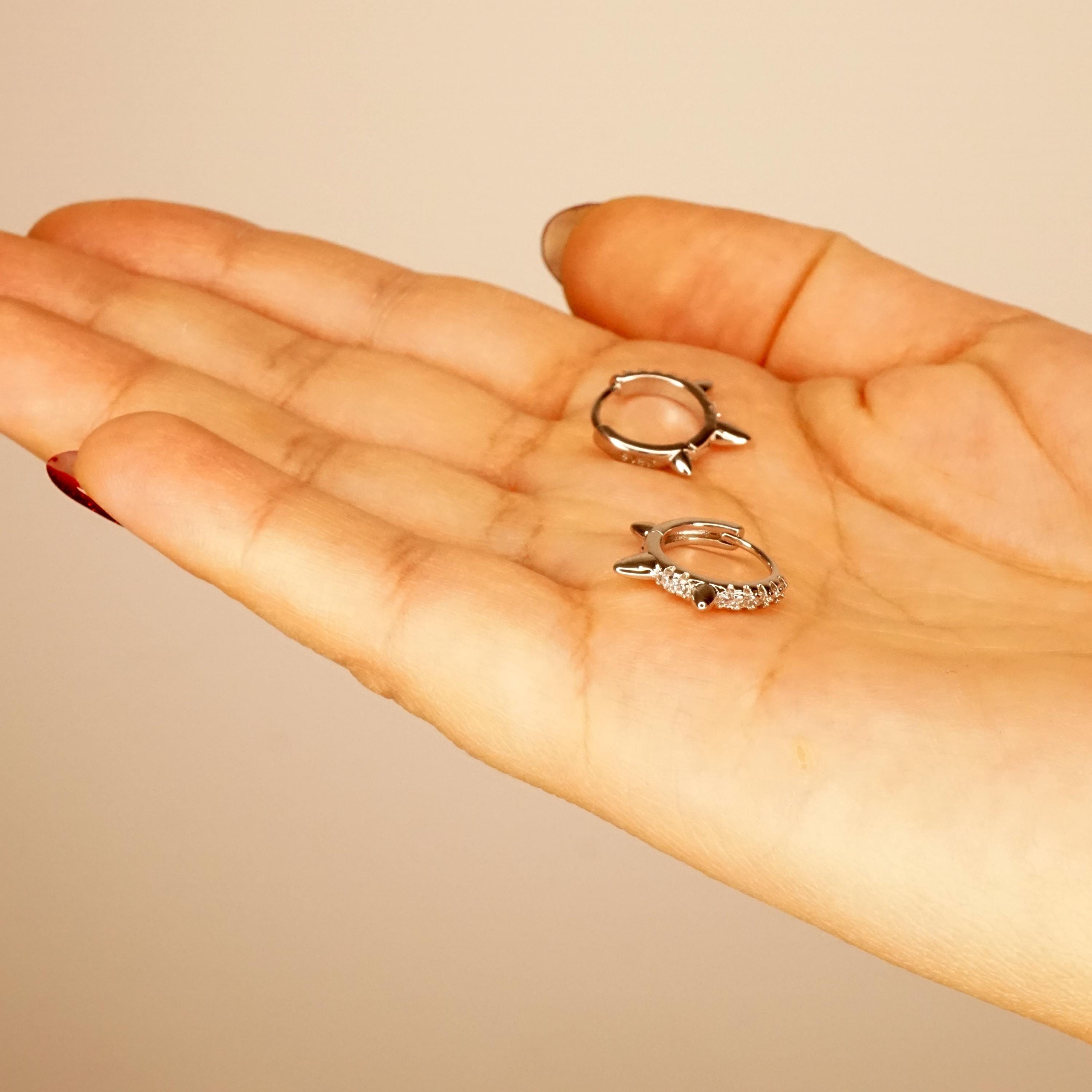 Spike Huggie Hoop Earrings | Dainty Silver Pave CZ Hoops | Punk Crystal Cartilage Piercing | Minimalist Everyday Jewelry Gift