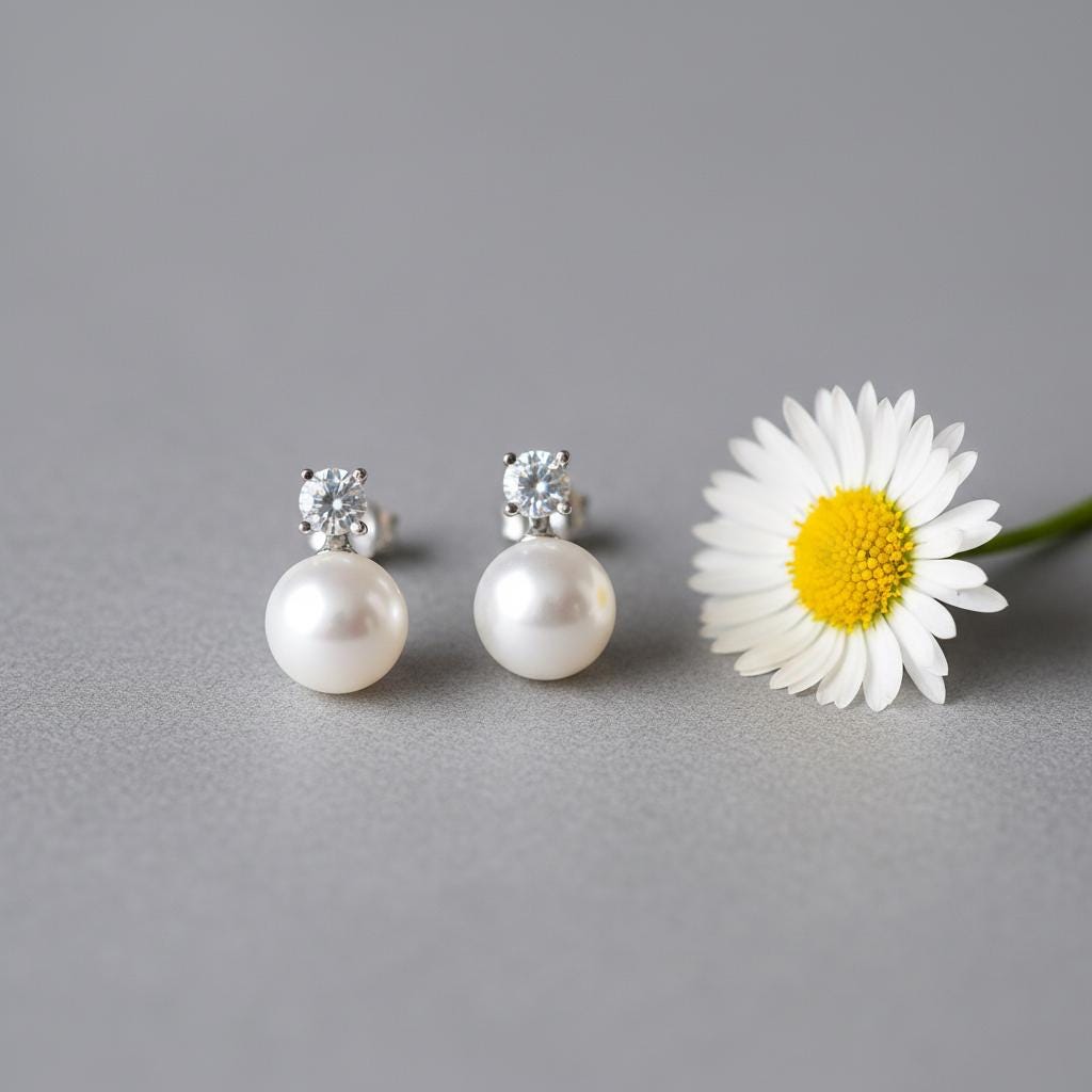 Tiny Genuine Pearl and CZ Stud Earrings in Sterling Silver, Silver or Gold, Natural Pearl Earrings, Freshwater Pearl Earrings, Pearl Stud