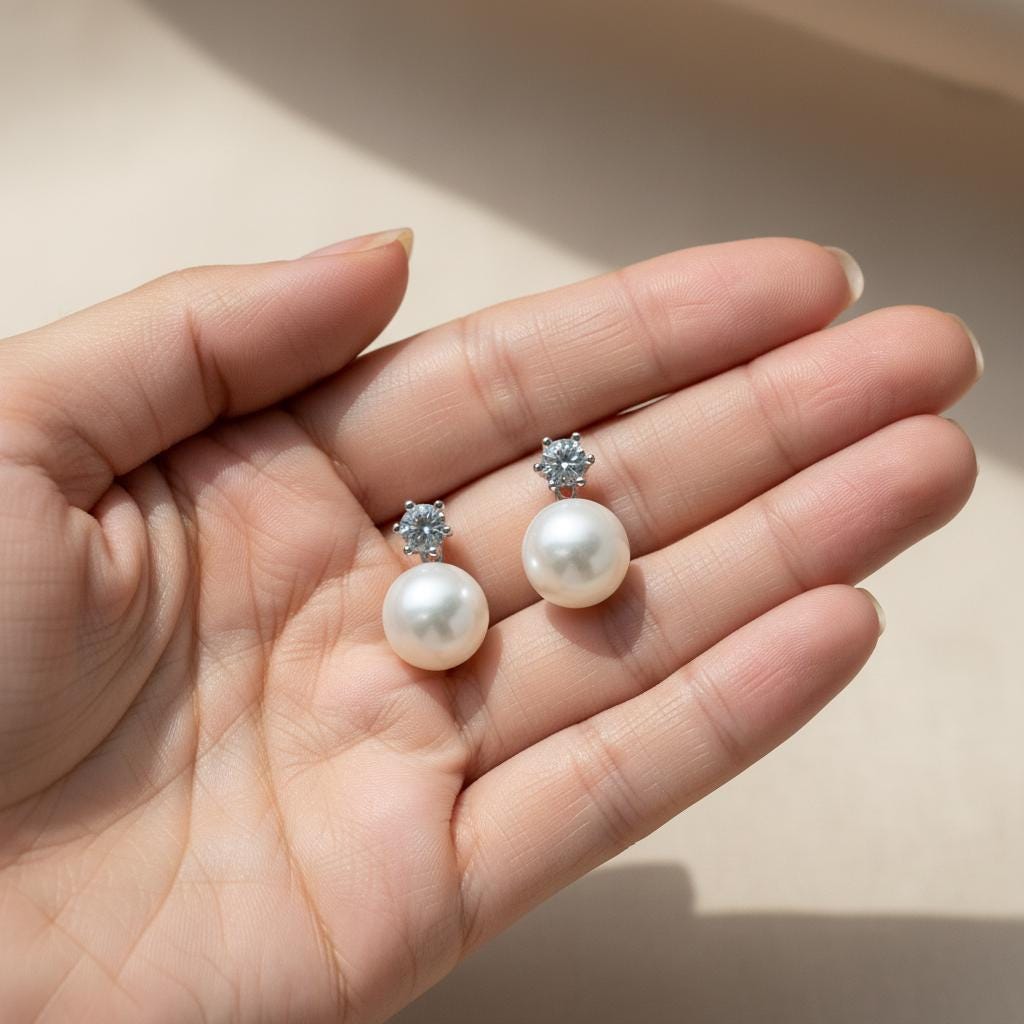 Tiny Genuine Pearl and CZ Stud Earrings in Sterling Silver, Silver or Gold, Natural Pearl Earrings, Freshwater Pearl Earrings, Pearl Stud
