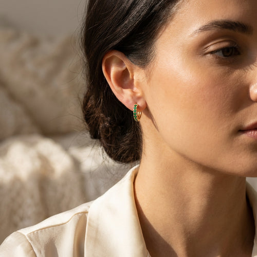 Dainty Gold Huggie Hoop Earrings with Emerald Green Zirconia