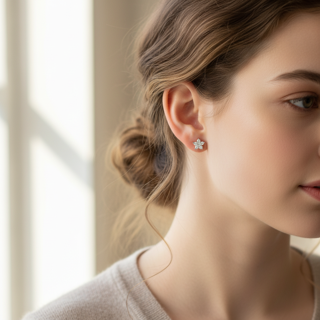 Flower Stud Earring - Dainty Star Floral CZ Studs in Gold or Silver