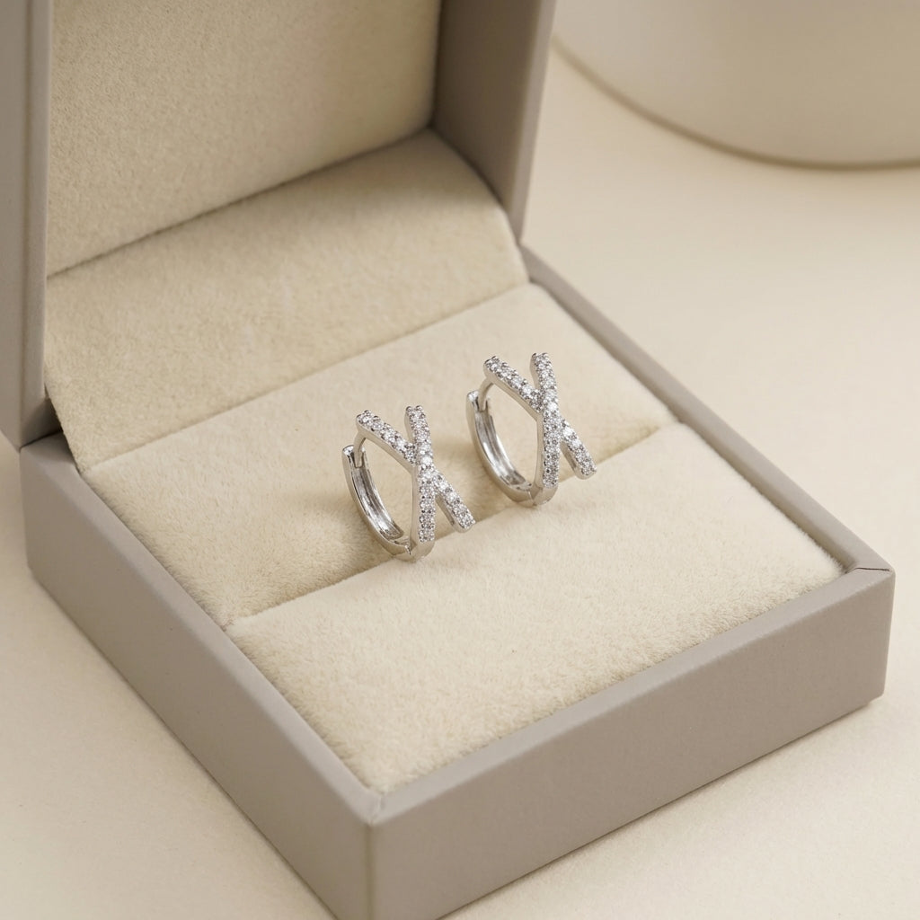Double Hoop Silver Earrings - CZ Pave Criss Cross Earrings