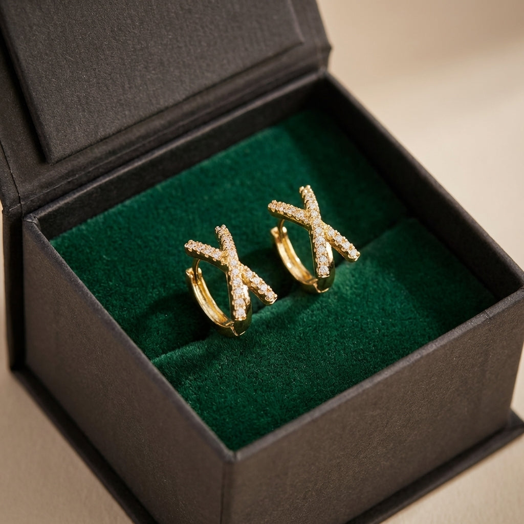 Double Hoop Silver Earrings - CZ Pave Criss Cross Earrings