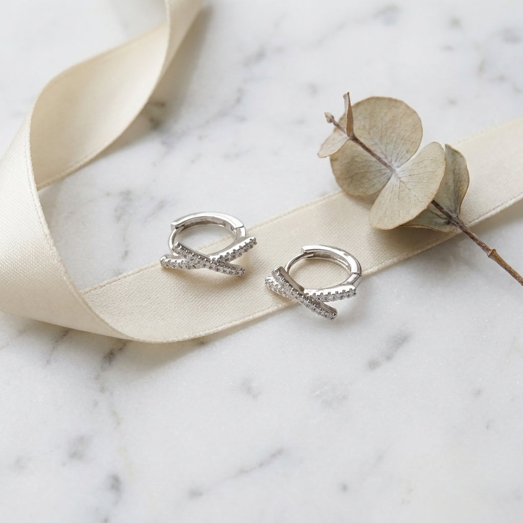 Double Hoop Silver Earrings - CZ Pave Criss Cross Earrings