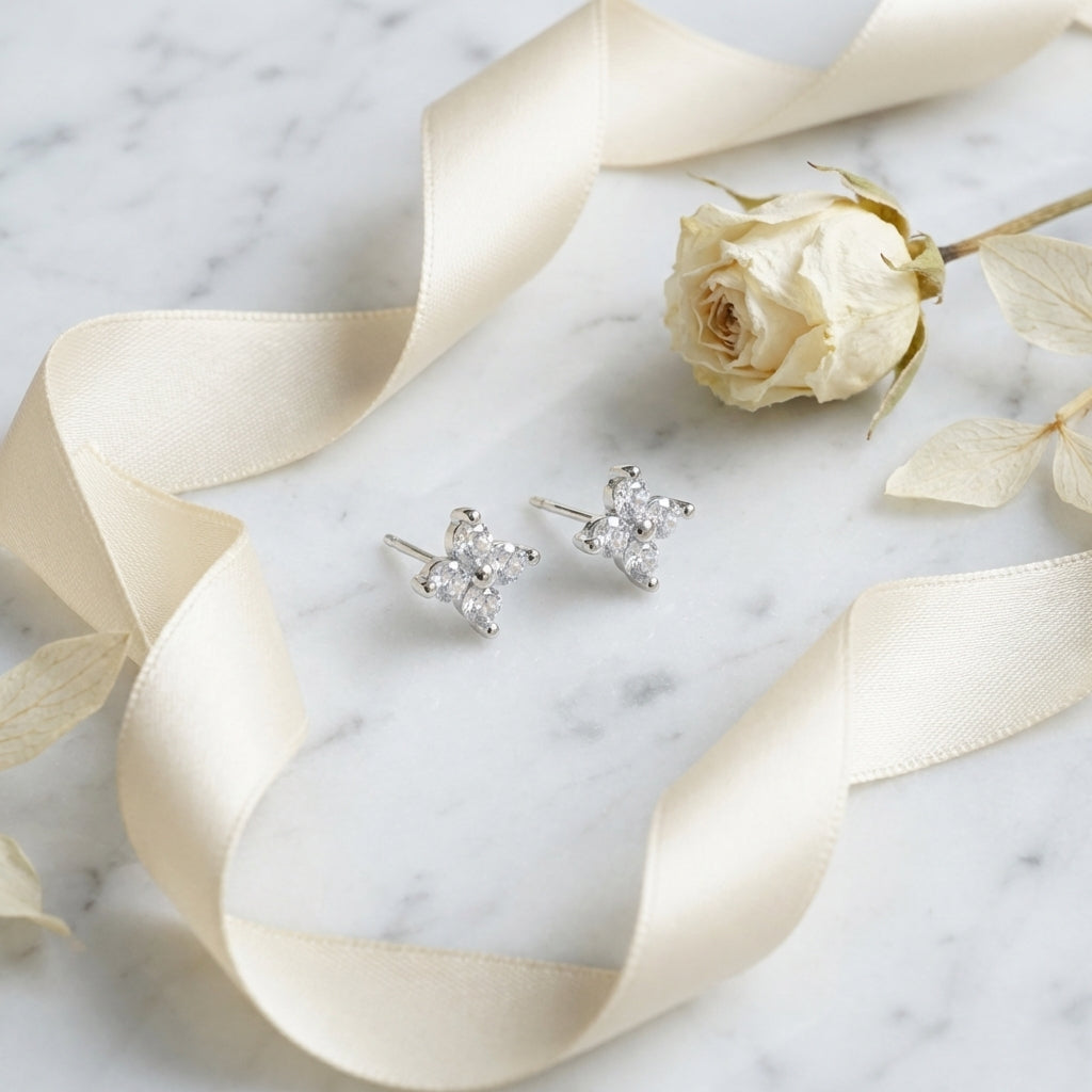 Tiny Hydrangea Flower Stud Earrings - Silver or Gold