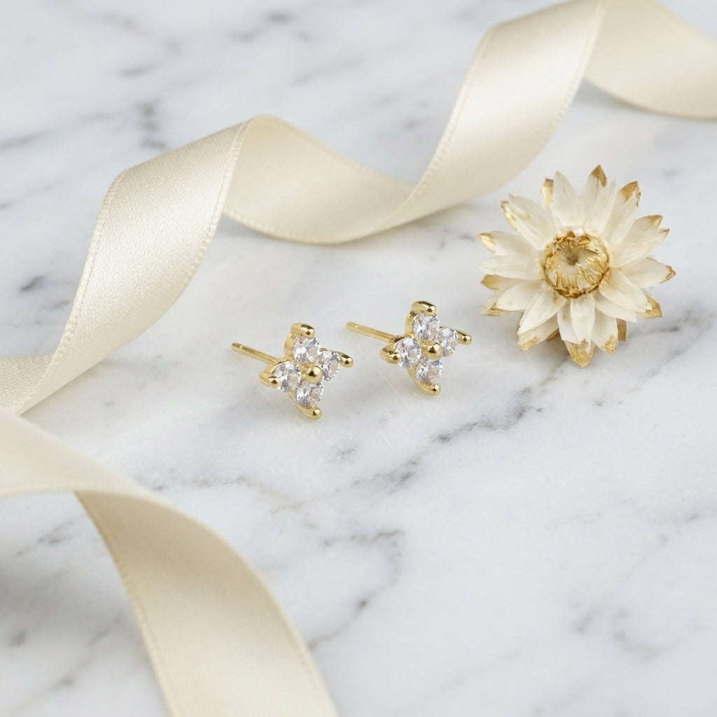 Tiny Hydrangea Flower Stud Earrings - Silver or Gold