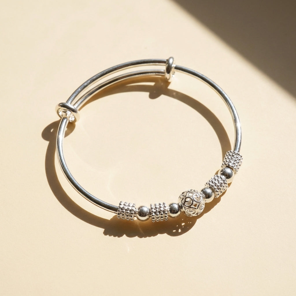 Adjustable Silver Bangle Bracelet with Beaded Charms