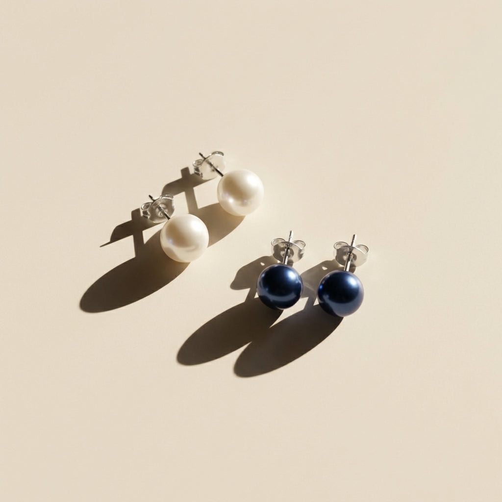 Elegant Pearl Stud Earrings - White & Blue Classic Round Pearls