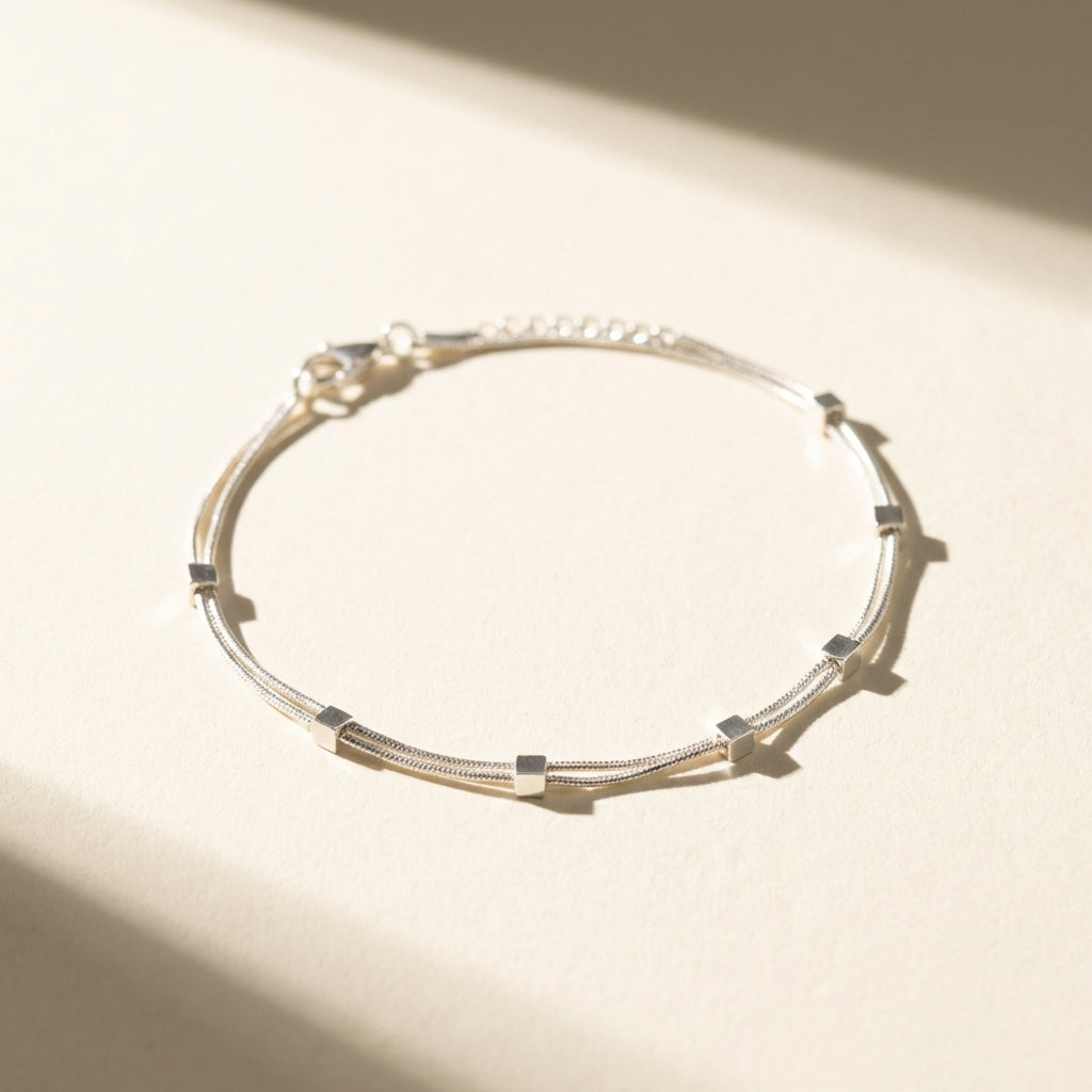 Dainty Layered Silver Bracelet with Cube Beads