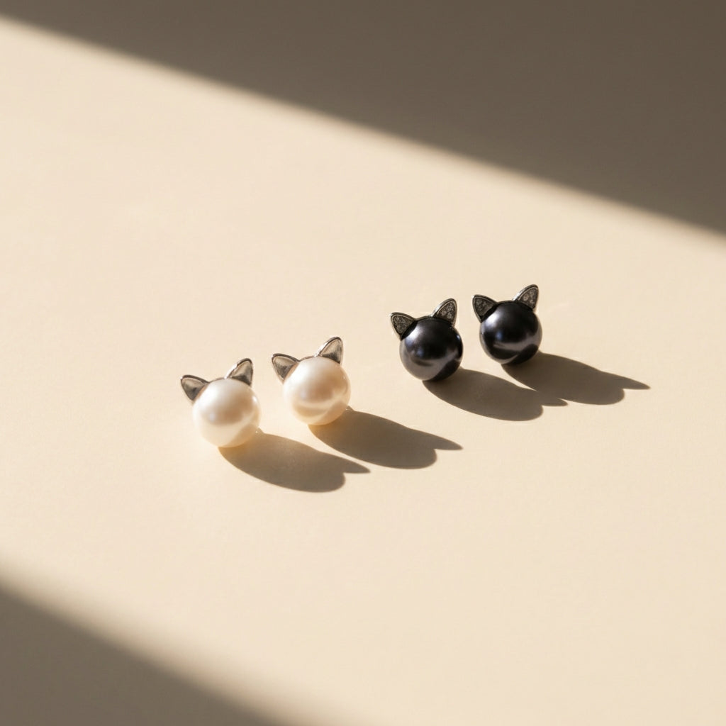 Pearl Cat Sterling Silver Stud Earrings - White or Black Pearl