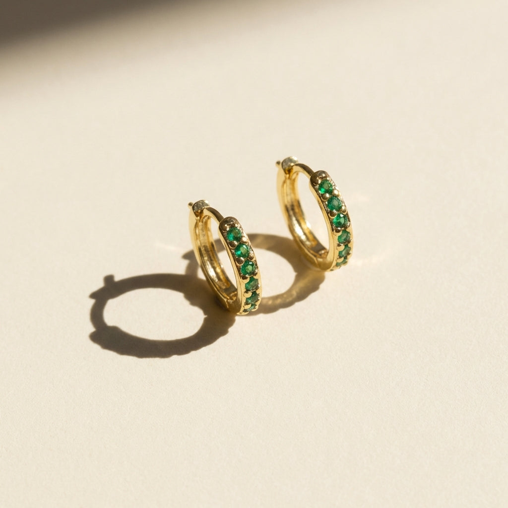 Dainty Gold Huggie Hoop Earrings with Emerald Green Zirconia