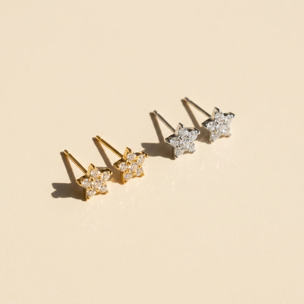 Flower Stud Earring - Dainty Star Floral CZ Studs in Gold or Silver
