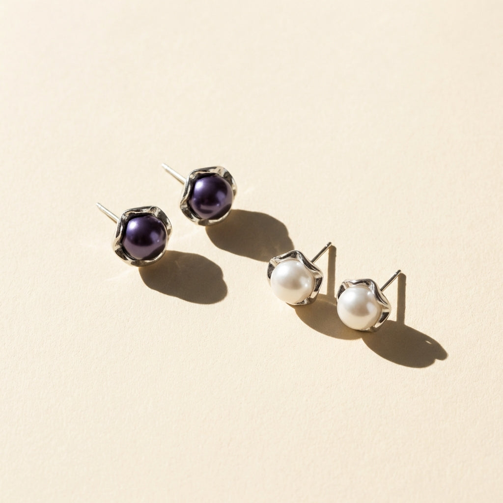 Pearl Stud Earrings - White & Deep Purple Freshwater Pearl Options